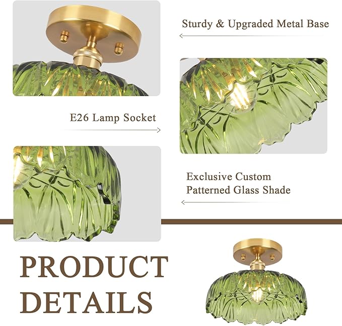 Flush Mount Ceiling Light,Green Hallway Lights Fixture Ceiling,9.4" Flower Light E26 Vintage Light Fixtures for Porch Corridor Bedroom