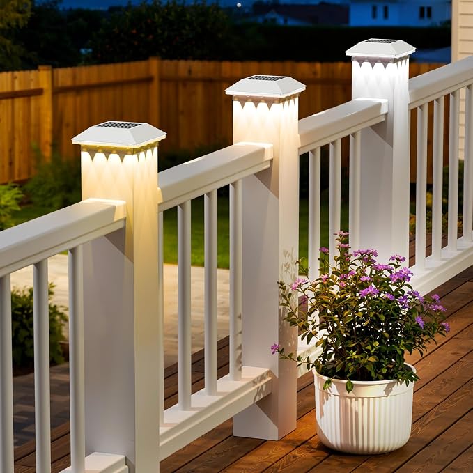 Mlambert 4 Pack Solar Post Cap Lights Outdoor - 3 Lighting Modes Waterproof LED Fit 3.5x3.5 Wood/4x4 Vinyl Fence Deck Posts, White
