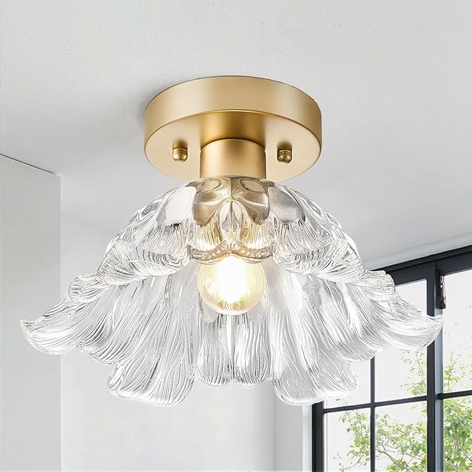 Modern Flower Glass Ceiling Light, Mid-Century Lighting Fixtures, Gold Semi Flush Mount Ceiling Light for Hallway, Kitchen, Laundry Room, Bathroom, Entryway, 11 in