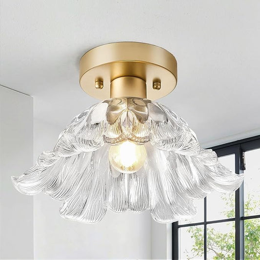 Modern Flower Glass Ceiling Light, Mid-Century Lighting Fixtures, Gold Semi Flush Mount Ceiling Light for Hallway, Kitchen, Laundry Room, Bathroom, Entryway, 11 in