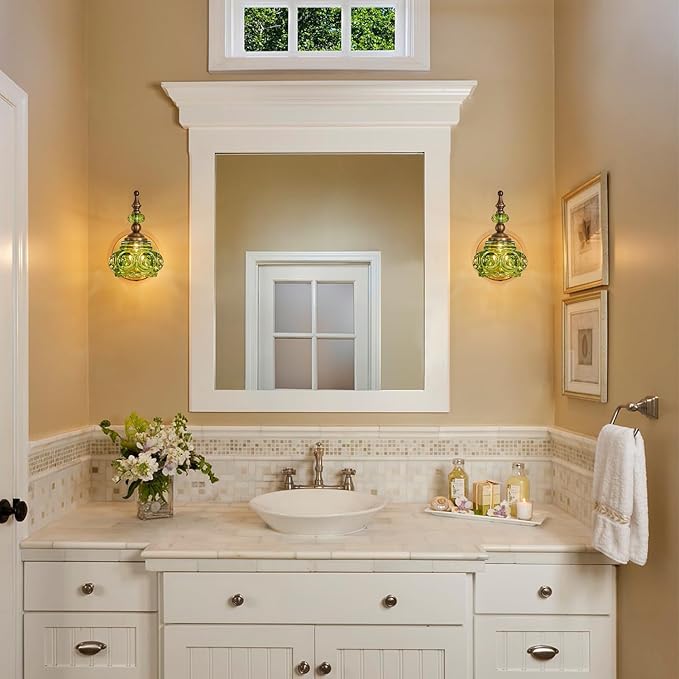 2-Pack Wall Sconces Green + Brass Bathroom Vanity Lighting Fixtures, Vintage Vanity Light Rust-Proof and Durable for Bedroom Living Room Hallway