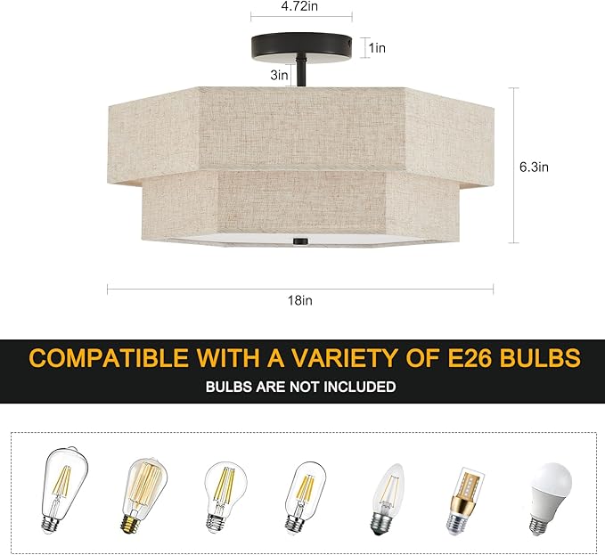 Large Semi Flush Mount Ceiling Light 18" Modern Black Drum Ceiling Lighting Fixture with Linen Shade Vintage Ceiling Lamp for Living Room, Bedroom, Kitchen, Dining Room, Hallway, and Entryway