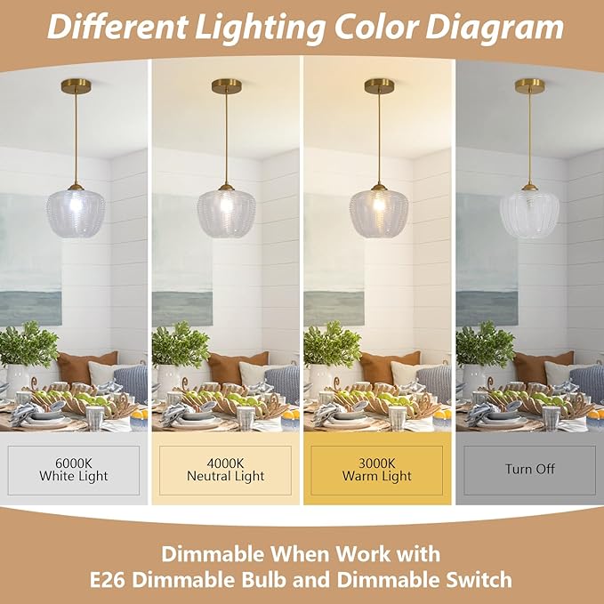 KCO Lighting Clear Glass Pendant Lights Kitchen Island Light Fixture Vintage Ribbed Glass Ceiling Light Antique Brass Pendant Light Gold Globe Pendant Light Fixture