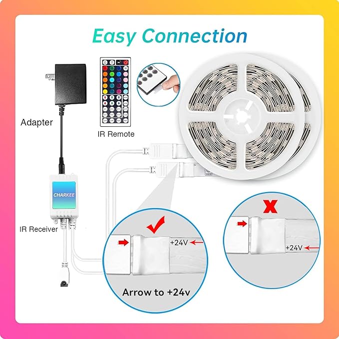 CHARKEE LED Strip Lights 130ft (2 Rolls of 65.6ft) Ultra Long RGB Color Changing LED Light Strips Kit with 44Keys Remote for Bedroom, Kitchen, Home Decor, Room, Dorm Room, DIY Mode