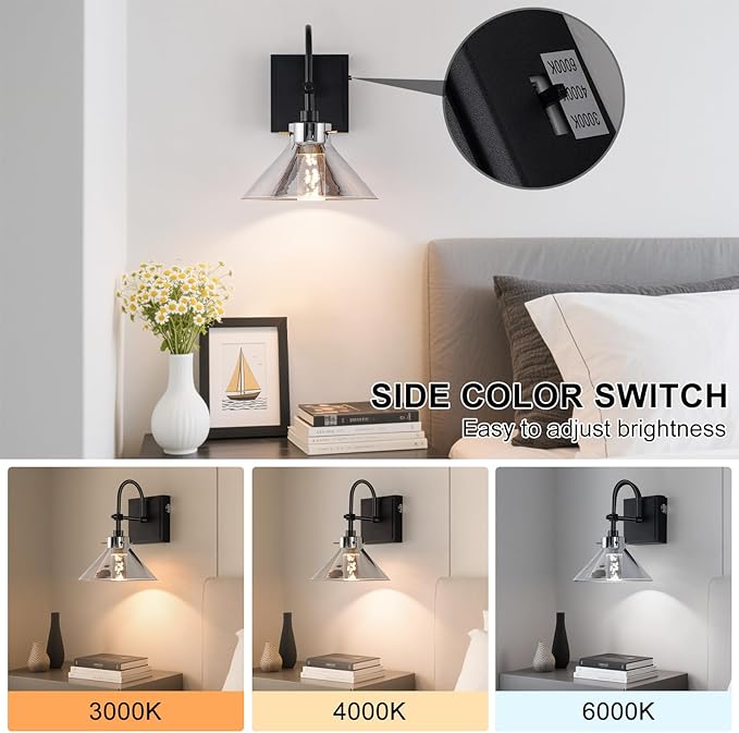 Wall Sconce Hardwired, Modern LED Black Wall Lamp, 6W 3 Color Temperatures 3000K-4000K-6000K, Wall Light Fixture with Smoked Gray Glass Shade for Bathroom Bedroom Living Room