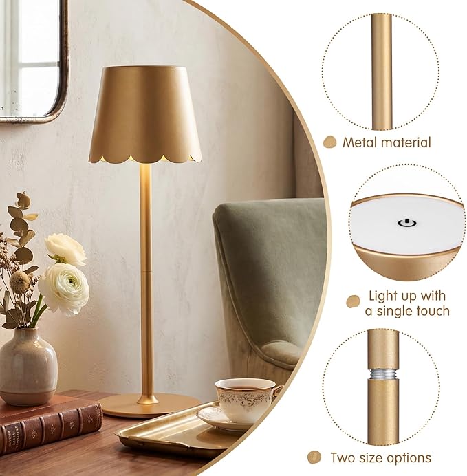 Pickmesh 1 Pack Scalloped Edge Shade LED Cordless Table Lamp 3 Color Dimmable Rechargeable Modern Lamps for Living Room Dining Bedside Desk, 4000mAh Battery Operated(Glod)