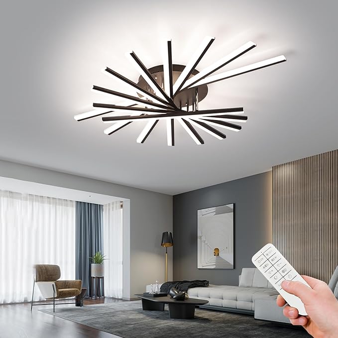 JAYMP 9 Lights Linear Modern Ceiling Lamp 45.3 inch Dimmable Led Semi Flush Mount Black Ceiling Light Fixture for Bedroom Dining Room Kitchen Island Living Room