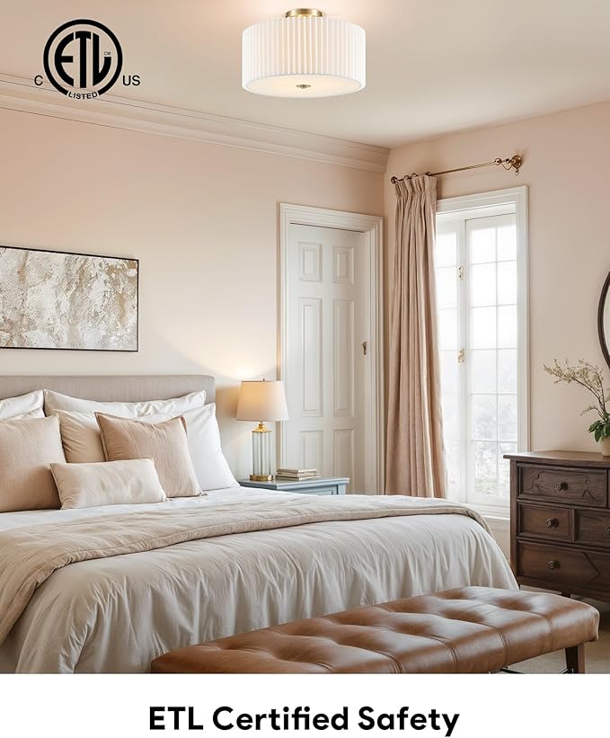 VONLUCE Semi-Flush Mount Ceiling Light, 15.7" Modern 3-Light Ceiling Light Fixture with White Pleated Drum Shade 3 E26 Sockets for Bedroom Entryway Living Room, Bronze Finish, ETL Certificated