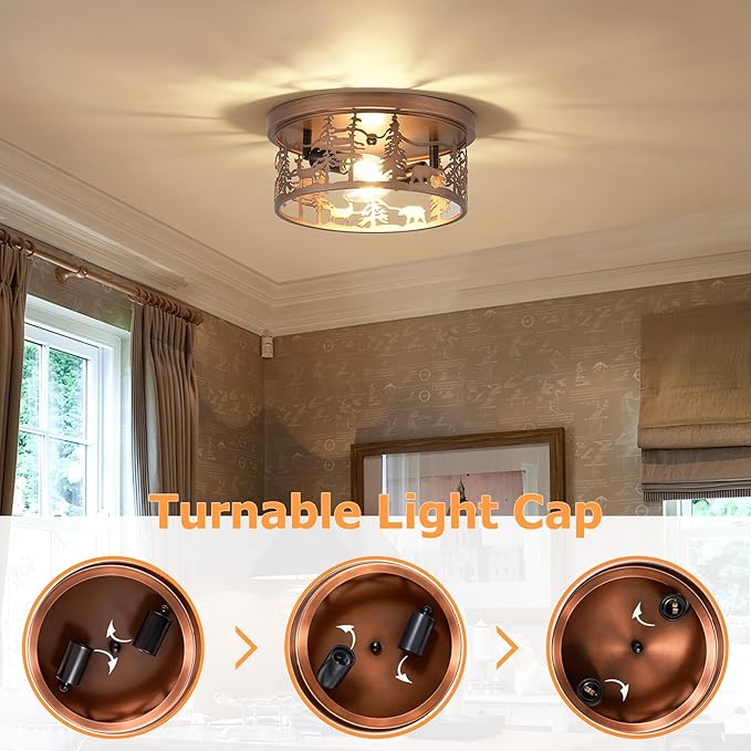2 Pack Rustic Bear Flush Mount Ceiling Light Fixture, 11" Round Farmhouse Vintage Industrial Metal Cage Light, Perfect for Kitchen, Dining Room, Foyer Entryway, Cabin, Loft Lighting