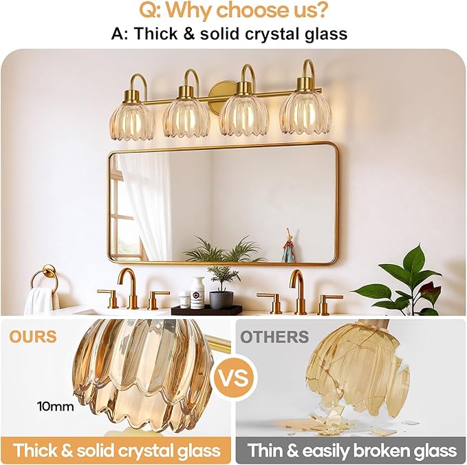 4-Light Bathroom Light Fixtures, 27" Brushed Gold Vanity Lights for Bathroom with Ribbed Amber Tulip Glass Shade, Vintage Bathroom Vanity Lighting Fixtures Over Mirror for Bedroom Living Room Hallway
