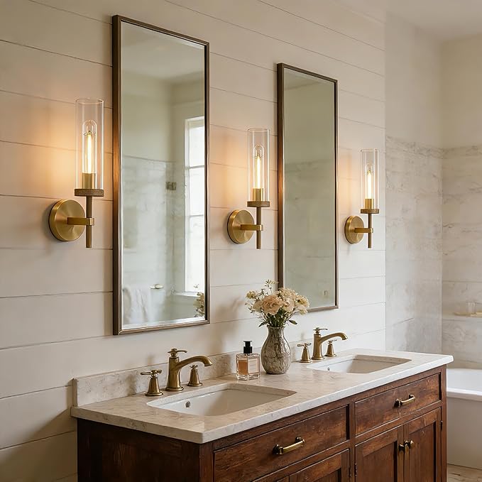 Brass Wall Sconces Lights Indoors, 14" Knurled Linear Sconce, Gold Bathroom Wall Sconces, Glass Tube Vanity Sconces Wall Lighting, Wall Lights for Mirror, Living Room, Bedroom, Hallway
