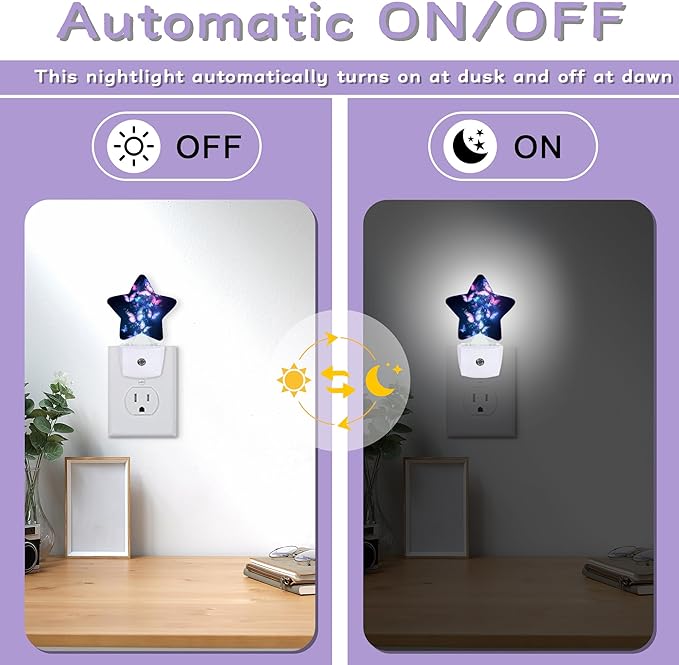 Flying Butterflies Night Lights Plug Into Wall,Glowing Stars Dusk to Dawn Light Sensor Night Light for Kids,Energy Efficient Sleep Friendly Lamp for Bedroom Bathroom Nursery