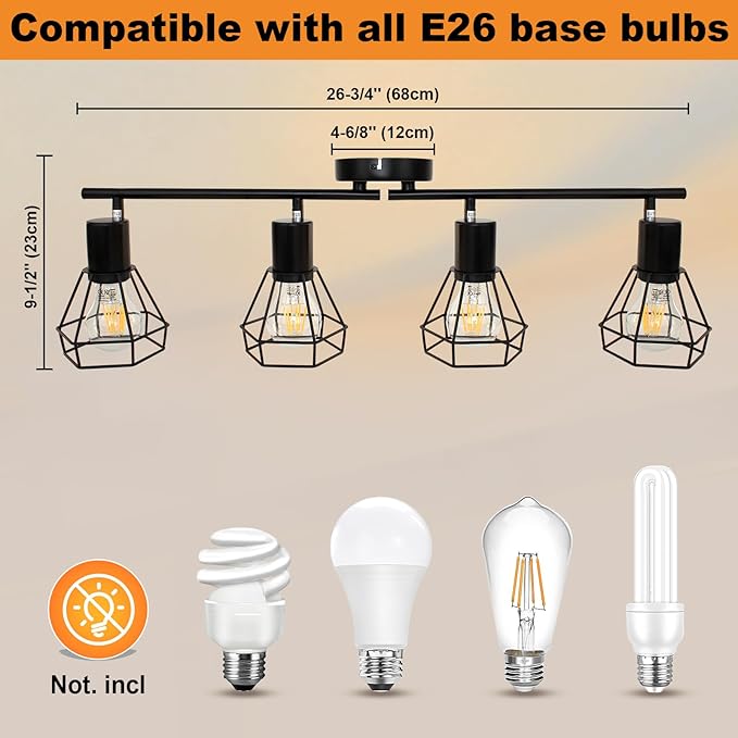 LTBLIGHT 4-Light Track Lighting Fixtures Ceiling, Adjustable Track Lighting Kit, Black Farmhouse Ceiling Light with E26 Base, Directional Spotlights for Kitchen Hallway Bedroom Living Room