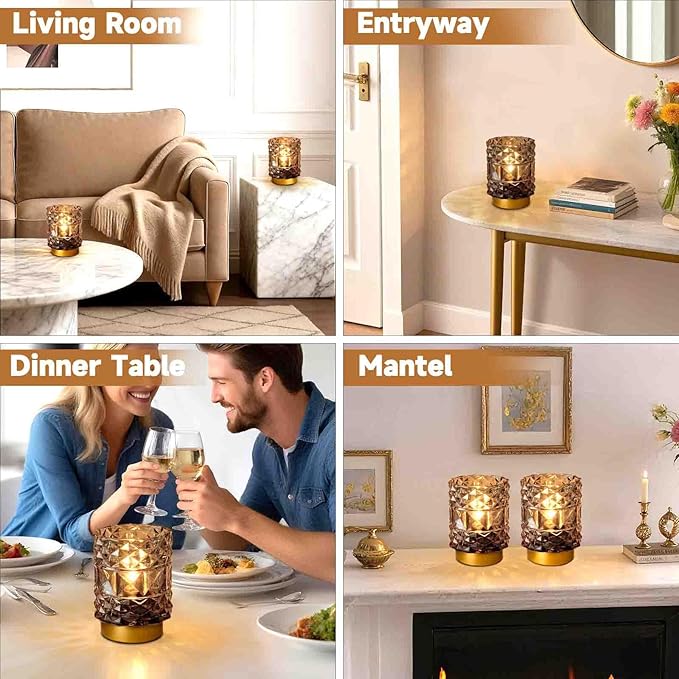 Battery Operated Lamp with Timer, Cordless Table Lamps for Shelf Decor, Rhombus Texture Aesthetic Crystal Lamp, Small Decorative Lamps for Bedroom/Bathroom/Kitchen/Entryway/Dorm (2 Pack Grey)