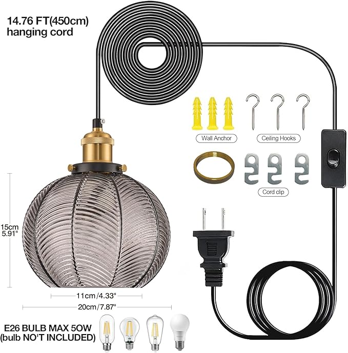 Modern Plug in Hanging Light, 7.8 Inch Glass Pendant Light with 14.76 FT Adjustable Plug in Cord, Vintage Smoke Gray Hanging Lamp for Dining Room Bedroom Kitchen Island Bathroom E26