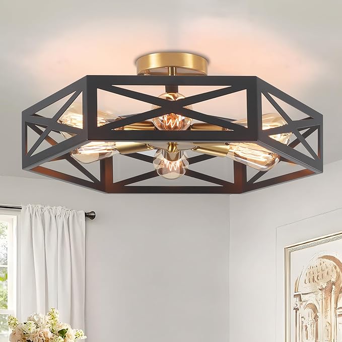 19.6" Rustic Foyer Lighting Fixtures, Black Farmhouse Kitchen Light Fixtures with Metal Cage Modern Black and Gold Hallway Light Fixture Black Ceiling Light for Bedroom Bathroom Foyer