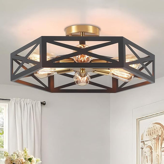 19.6" Rustic Foyer Lighting Fixtures, Black Farmhouse Kitchen Light Fixtures with Metal Cage Modern Black and Gold Hallway Light Fixture Black Ceiling Light for Bedroom Bathroom Foyer