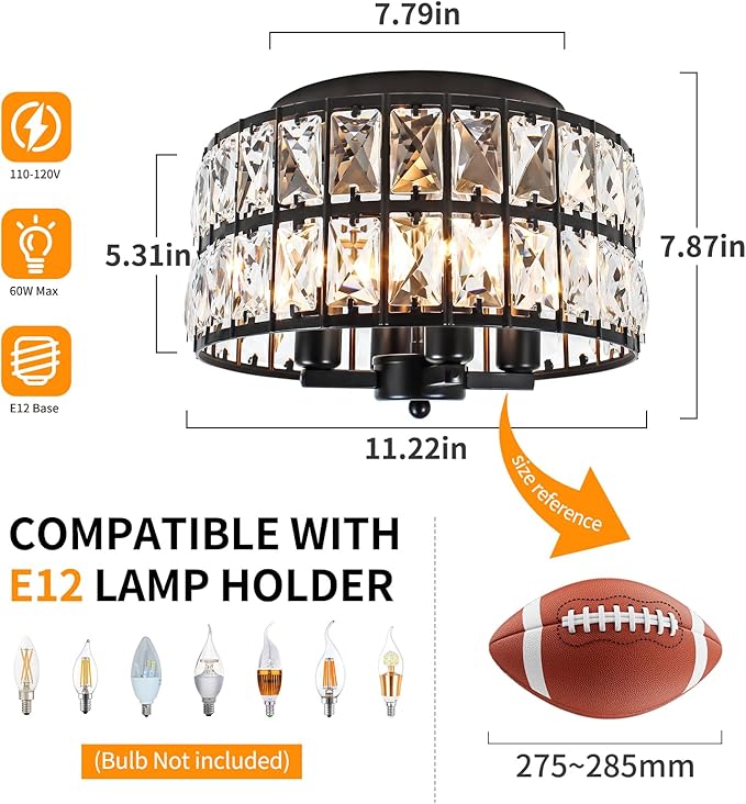 4-Light Crystal Flush Mount Ceiling Light, 11.2" Modern Chandelier, Black Ceiling Light Fixture for Kitchen, Bedroom, Hallway, Bathroom, Entryway, Closet, Dining Room