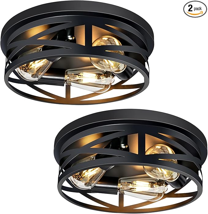 3-Light Flush Mount Ceiling Light Fixture, Farmhouse Ceiling Lights for Kitchen, Modern Black Close to Ceiling Light for Hallway Bedroom Balcony Porch Stairway, E26, (2 Pack)