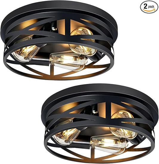 3-Light Flush Mount Ceiling Light Fixture, Farmhouse Ceiling Lights for Kitchen, Modern Black Close to Ceiling Light for Hallway Bedroom Balcony Porch Stairway, E26, (2 Pack)