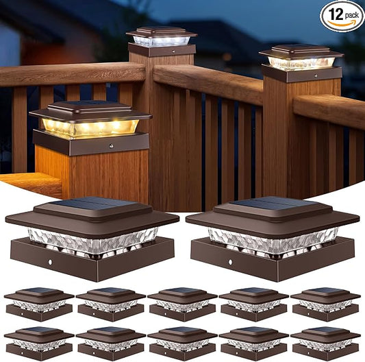 kolpop 4x4 Solar Post Cap Lights Outdoor 12Pack- 3 Color Temperatures&2 Level Brightness, IP65 Waterproof, 16 LED Fence Deck Post Light Solar Powered Only for 4×4/3.5×3.5 Wood/Vinyl Posts(Brown)