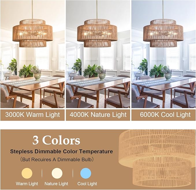 Large Rattan Chandelier 23.62" Boho Chandelier for Dining Room 3-Tier Hand Woven Boho Light Fixture 6 Light Modern Farmhouse Chandelier Kitchen Island Lighting