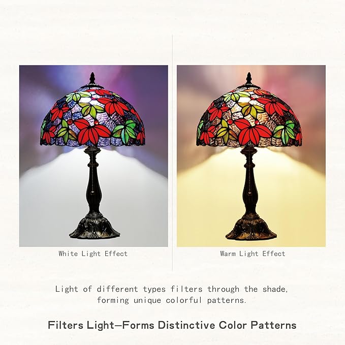 Tiffany Style Stained Glass Table Lamp, Maple Leaf Desk Light with Antique Bronze Resin Base, Multicolor Reading Lighting for Bedroom, Living Room, Office 12”X12“X19 (Maple-Purple Blue)