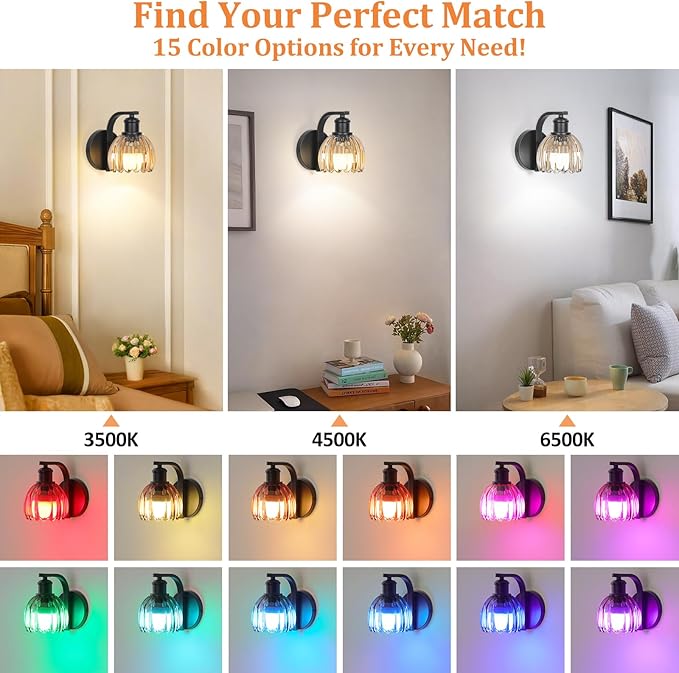VerRon Rechargeable Battery Operated Wall Sconce with Amber Glass Lampshade, Wireless Wall Scone Decor with Remote Control, 15 Colors Black Wall Light for Bedside Hallway Bedroom Doorway