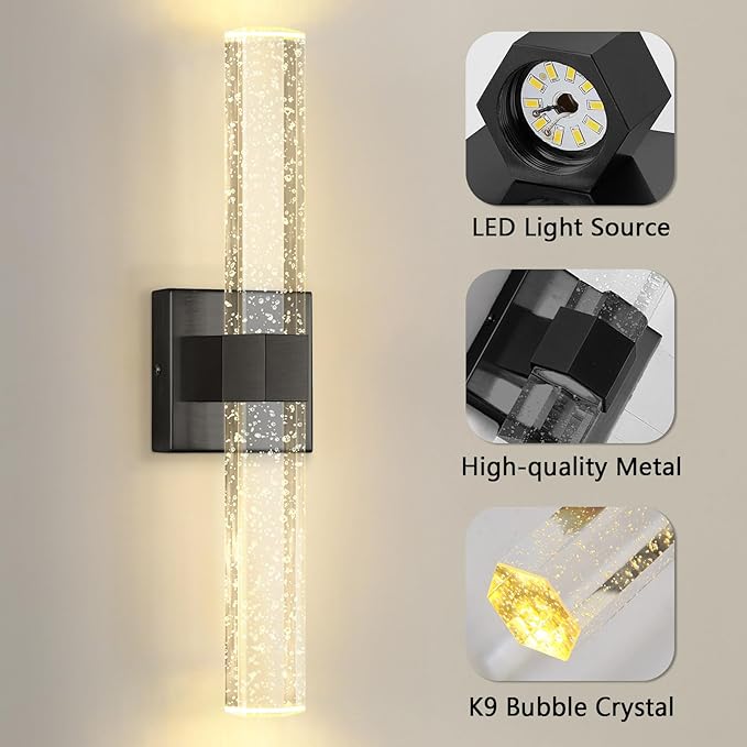 Black LED Wall Sconce Lights Warm Light Modern Crystal Wall Lights Vanity Lighting Fixtures Sconces for Bathroom Living Room Bedroom Dining Room Hallway