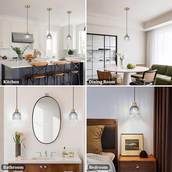 TALOYA Pendant Light 3 Pack with Blue Tulip Glass Lmapshade, Brass Vintage Pendant Light Adjustable Hanging Light for Kitchen Island Bedroom Dining Room Hallway& Bar