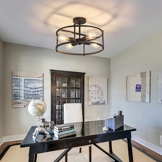 hesoge Industrial Semi Flush Mount Ceiling Light,4 Light Rustic Metal Ceiling Light Fixture,Black Farmhouse Chandelier for Kitchen Island Dining Room Hallway Entryway Bedroom Living Room.