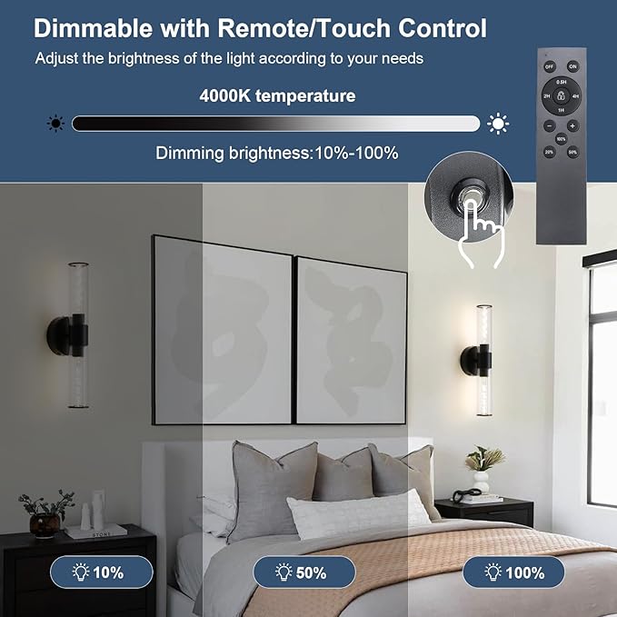 Black Battery Operated Wall Sconces Set of Two Modern Rechargeable Wall Sconces with Remote Control LED Dimmable Wall Lights for Living Room Bedroom Hallway (2 Pack)