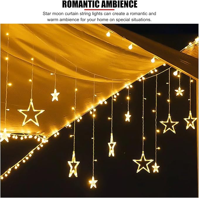 Star Moon Curtain String Lights,126 LED Ramadan Decorations Ramadan Curtain String Lights, 2 Lighting Modes, Waterproof Fairy Lights, Starry Lights for Christmas, Wedding, Party, Home, Patio Lawn