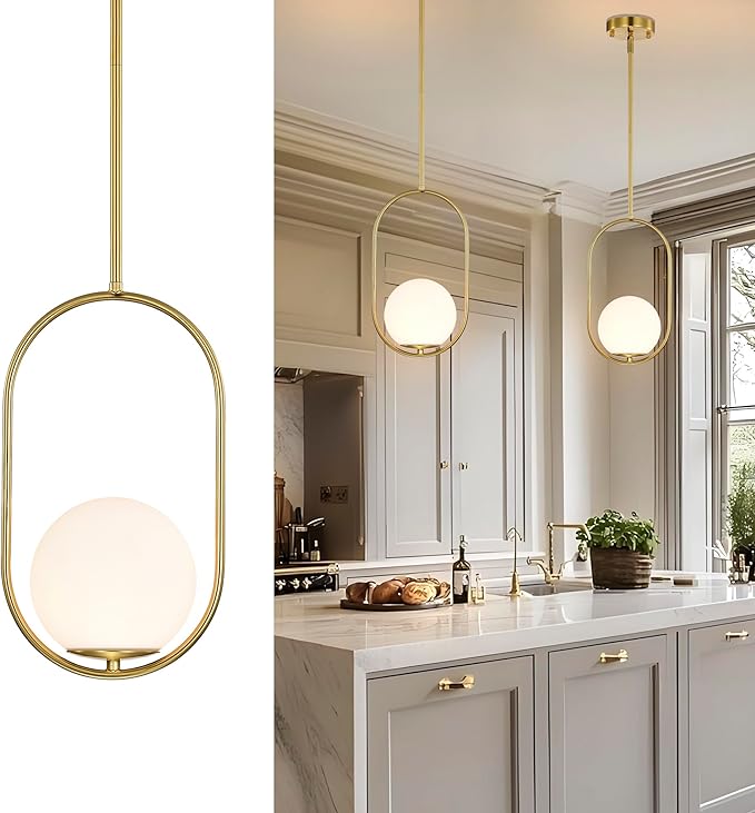 Alighting Gold Globe Pendant Lights Kitchen Island | Mid-Century Modern E12 Pendant Light Fixtures for Dining Room, Bedroom, Entryway, Commercial Spaces, Adjustable Length with 5.9" Glass Shade