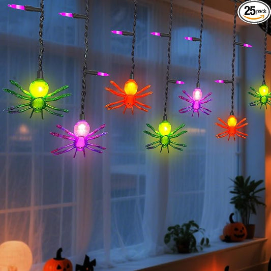 7Ft Halloween Spider Curtain String Lights Outdoor Waterproof, 25LED Plug-in Halloween Decorations with 10 Colorful Spider Lights, Spooky Party Decor for Haunted House, Patio, Porch, Yard, Window