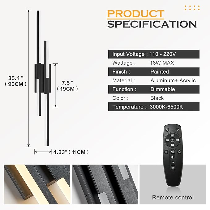 Benkut Modern LED Wall Sconce Black Remote Wall Light Fixtures for Bathroom, Dimmable Vanity Light Indoor LED Remote Wall Sconce for Living Dining Room Bedside Bedroom (3000-6500K 35.4inch)