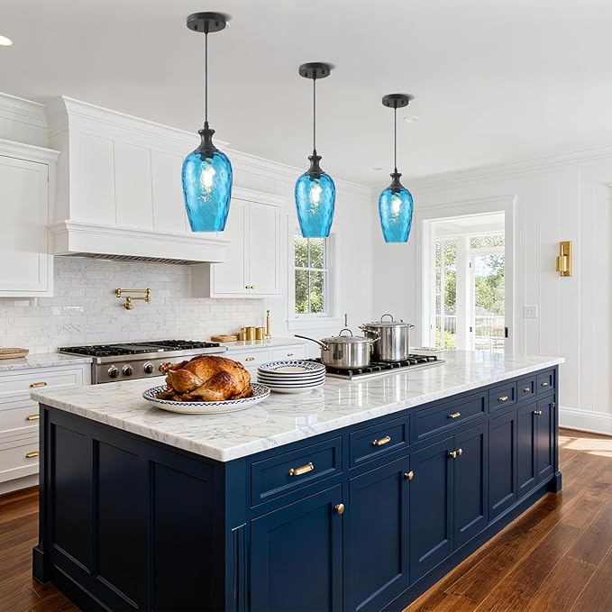 Glass Pendant Lights Kitchen Island, 1-Light Blue Pendant Light Fixtures with Hammered Glass, Modern Farmhouse Hanging Light for Kitchen Sink Dining Room Bedroom, E26