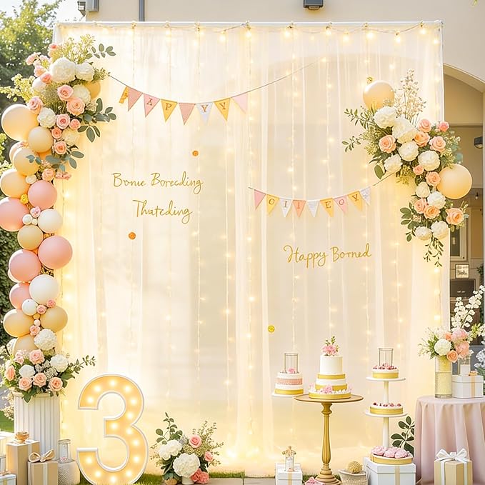 Champagne Tulle Backdrop Curtain with Lights, Elegant Sheer Photo Backdrop Drapes, Soft Fabric Curtain for Weddings Brithday Baby Shower Parties Photography Background Decor, 10ftx8ft