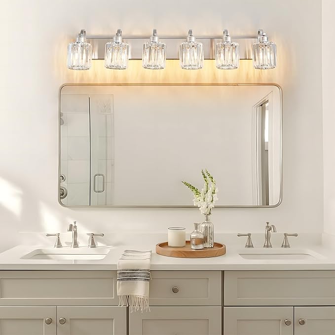 Crystal Bathroom Lighting Fixtures Over Mirror, 6 Light Brushed Nickel Vanity Light, Modern Bath Wall Sconce Lighting for Bedroom Living Room (Exclude Bulb)