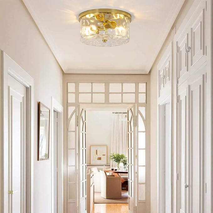 LamQee 11.8" Flush Mount Ceiling Light with Clear Hammered Glass, Brushed Gold Hallway Light Fixtures Ceiling Mount for Bathroom, 2-Lights Farmhouse Close to Ceiling Light Kitchen Foyer Bedroom