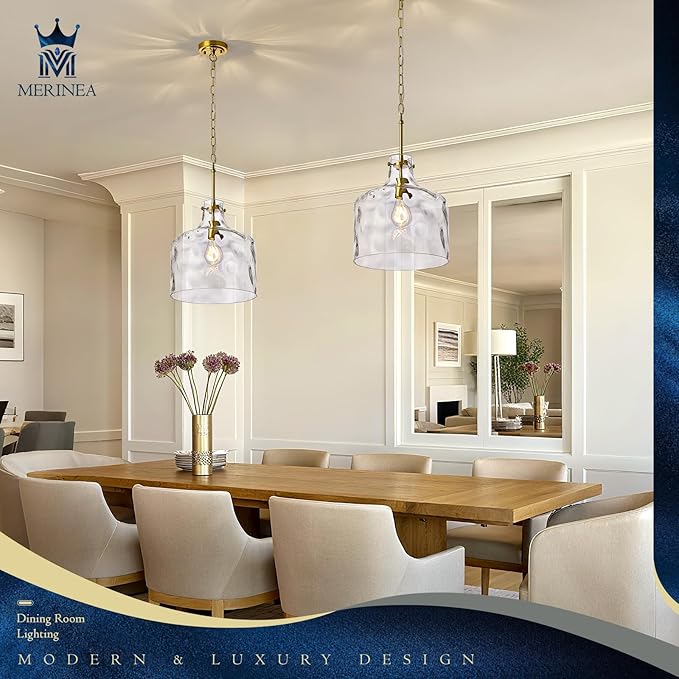 12" Farmhouse Pendant Light, Hand-Blown Clear Hammered Glass Hanging Light Fixture with Brass Gold Finish, Adjustable Chain Ceiling Light for Kitchen Island, Dining Room, Hallway, E26 Socket