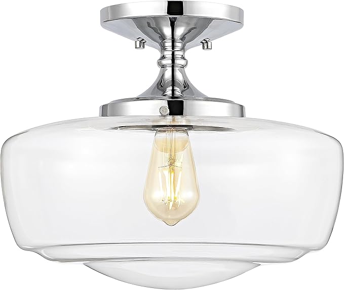JONATHAN Y 14" Chrome Modern Farmhouse LED Flush Mount Light Fixture, Clear Glass Shade, Rustic Industrial Schoolhouse Lamp for Kitchen Hallway Bedroom (JYL7517C)