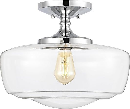JONATHAN Y 14" Chrome Modern Farmhouse LED Flush Mount Light Fixture, Clear Glass Shade, Rustic Industrial Schoolhouse Lamp for Kitchen Hallway Bedroom (JYL7517C)