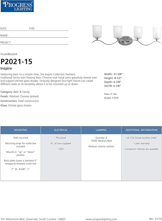 Progress Lighting P2021-15 Med Bath Bracket, 4-100-watt, Polished Chrome
