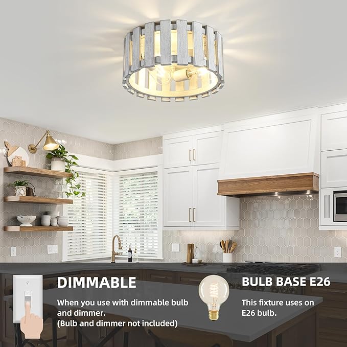 Farmhouse Flush Mount Ceiling Light, 12.2 Inch 3-Light Metal and Wood Close to Ceiling Light Fixture, White Hallway Light Fixtures Ceiling, Rustic Drum Ceiling Light for Kitchen, Entryway, Hallway