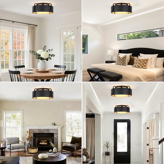 Flush Mount Ceiling Light, 5-Light Large Industrial Ceiling Light Fixture Matte Black with Gold Inside Close to Ceiling Lights for Living Room Kitchen Island,E26 Base (Not Included Bulb)