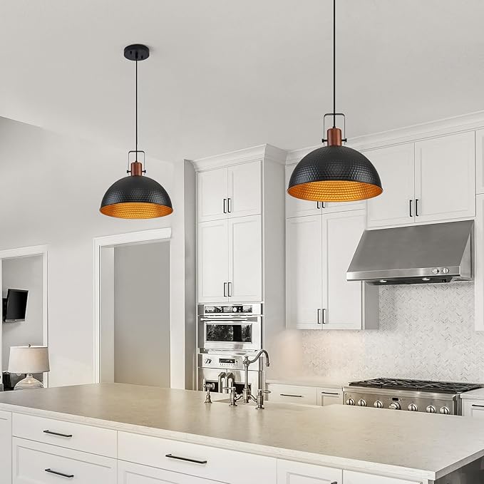 16 Inch Black Pendant Lights Hammered Matte Pendant Lights for Kitchen Island Industrial Farmhouse Adjustable Height Dome Hanging Light Fixtures for Barn, Dining Room 1 Pack