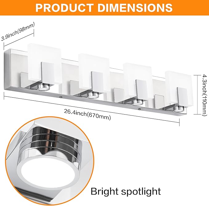 SOLFART Bathroom Light Fixtures Over Mirror Chrome Dimmable LED Vanity Lights 4 Lights Stainless Steel Acrylic Shade