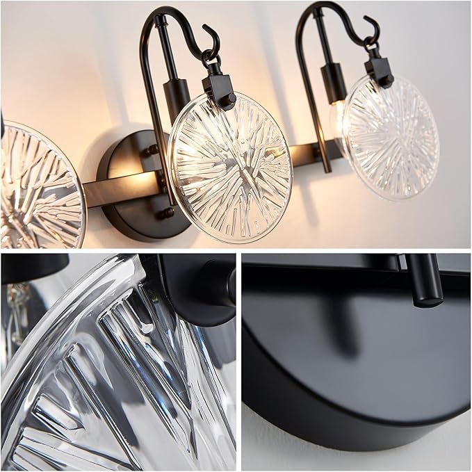 WUZUPS 3-Light Bathroom Light Fixture Over Mirror Morden Vanity Wall Sconces Clear Glass Shade for Bedroom Living Room, E12 Base, Black