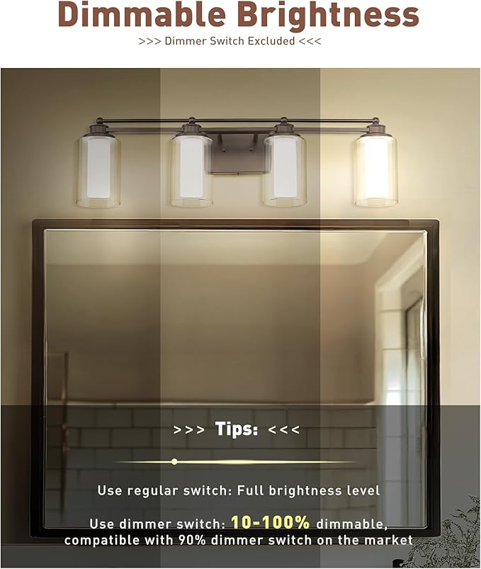 Bathroom Light Fixtures 4 Lights, HWH Oil Rubbed Bronze Bathroom Vanity Light Over Mirror with Clear Glass, 5CCT Dimmable 24W LED Vanity Lights, 5HLT63B-4W-LED ORB